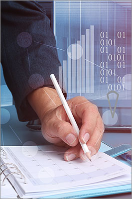 Mans hand with calendar and numbers
